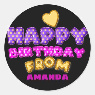 Sticker Rond Joyeux Anniversaire Du Nom Ballons Coeur rose Noir