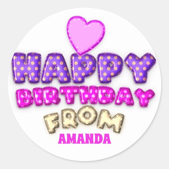 Sticker Rond Joyeux Anniversaire Du Nom Balloon Pink Purple Hea (Devant)