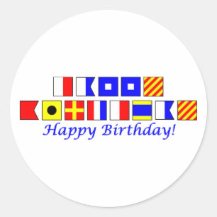 Sticker Rond Joyeux anniversaire écrit dans l'alphabet nautiqu