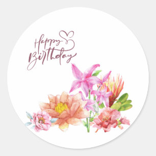 Sticker Rond Joyeux anniversaire Elégant aquarelle Floral