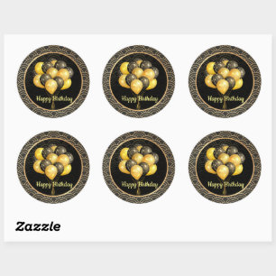 Sticker Rond Joyeux anniversaire, élégant noir et or,