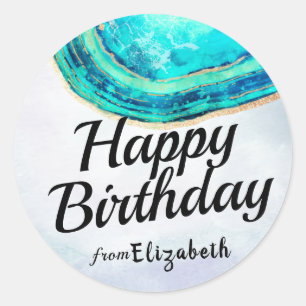 Sticker Rond Joyeux Anniversaire Elegant Turquoise Gold Agate G