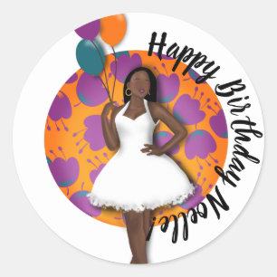 Sticker Rond Joyeux anniversaire ! Femme noire, Ballons & Fleur