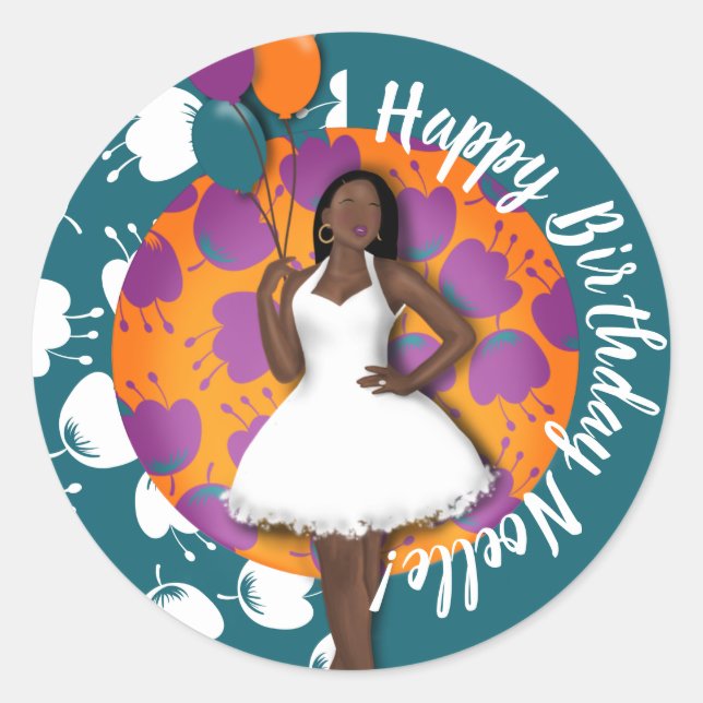 Sticker Rond Joyeux anniversaire ! Femme noire, Ballons & Fleur (Devant)
