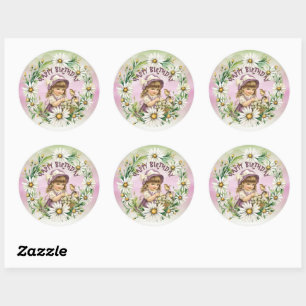 Sticker Rond Joyeux Anniversaire Fille Vintage Dans Cadre De Ma