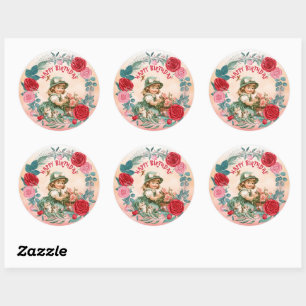 Sticker Rond Joyeux Anniversaire Fille Vintage Dans Cadre De Ro