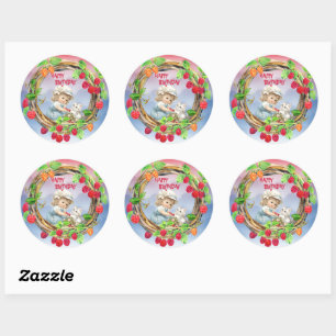 Sticker Rond Joyeux Anniversaire Fille Vintage Framboises Cadre