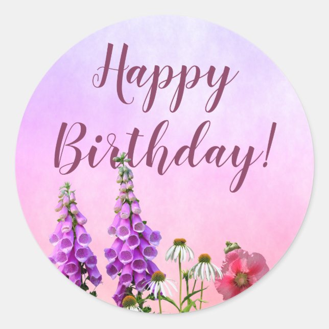 Sticker Rond Joyeux anniversaire fleurons violets rose (Devant)