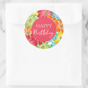 Sticker Rond Joyeux Anniversaire Fleurs de printemps colorées