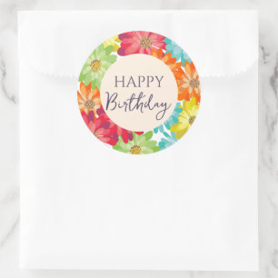 Sticker Rond Joyeux Anniversaire Fleurs de printemps colorées