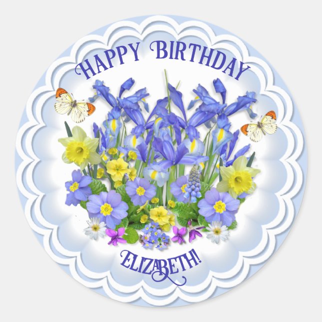 Sticker Rond Joyeux Anniversaire Fleurs de Printemps et Papillo (Devant)