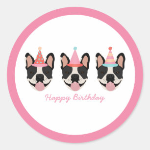 Sticker Rond Joyeux anniversaire français Bulldog Party Casquet
