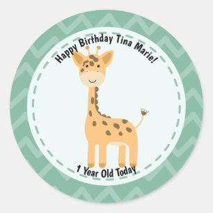 Sticker Rond Joyeux Anniversaire Giraffe Zoo Animaux