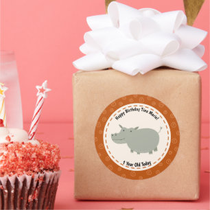 Sticker Rond Joyeux anniversaire HIppo Hippopotamus Zoo Animaux