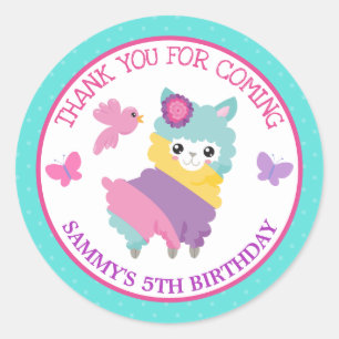 Sticker Rond Joyeux Anniversaire Lama Arc-en-Ciel Floral Printa