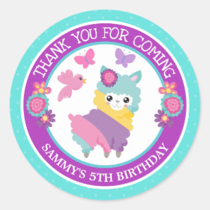 Sticker Rond Joyeux Anniversaire Lama Floral Arc-en-Ciel Printe