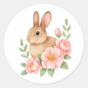 Sticker Rond Joyeux Anniversaire Lapin Aquarelle Mignon et Fleu