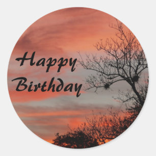 Sticker Rond Joyeux anniversaire, lever de soleil rose avec arb
