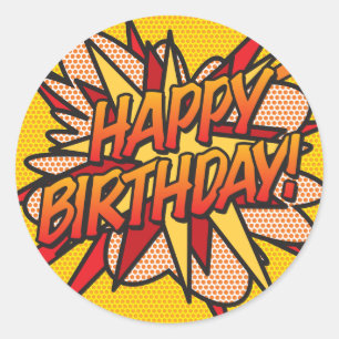 Sticker Rond Joyeux Anniversaire Livre de Bande Dessinée Rétro 