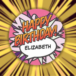 Sticker Rond Joyeux Anniversaire Livre de Bande Dessinée Rose