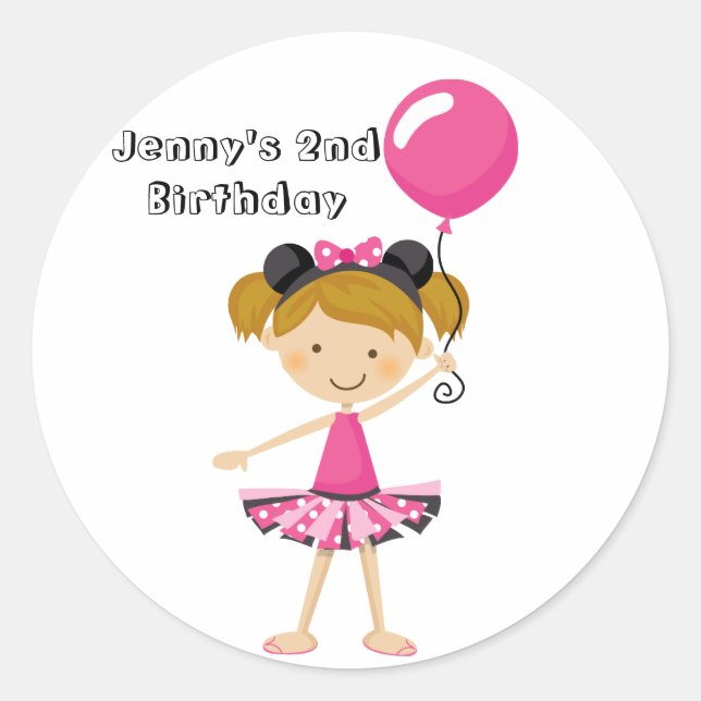 Sticker Rond Joyeux anniversaire Minnie Party fille avec ballon (Devant)