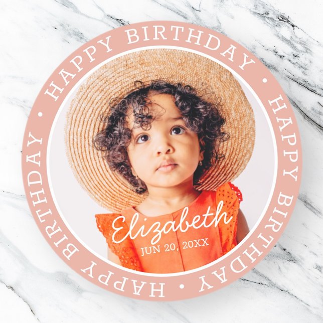 Sticker Rond Joyeux anniversaire moderne Preppy Photo personnal (Créateur téléchargé)