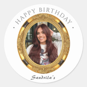 Sticker Rond Joyeux Anniversaire Moderne Simple Photo Personnal