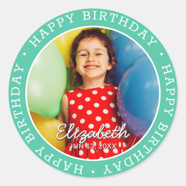 Sticker Rond Joyeux Anniversaire Moderne Simple Preppy Fun Phot (Devant)