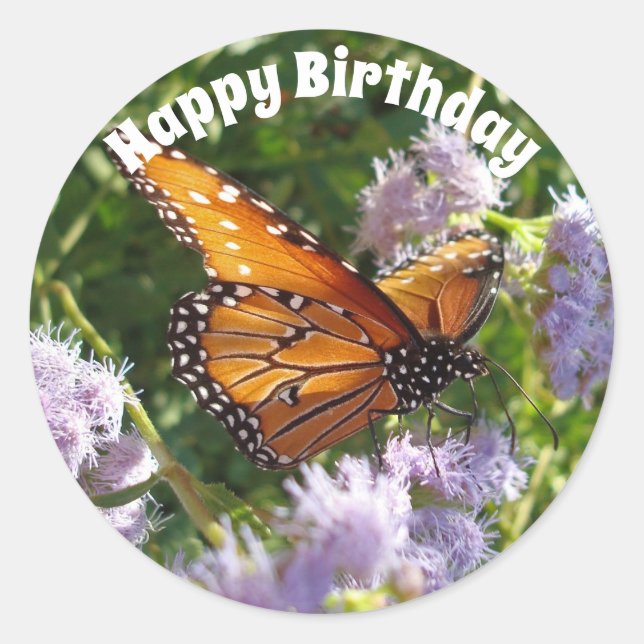 Sticker Rond Joyeux anniversaire Monarch Butterfly Photo Floral (Devant)