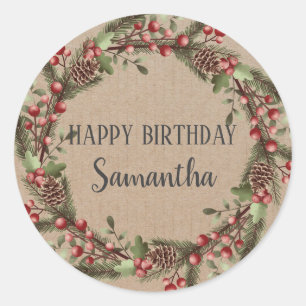 Sticker Rond Joyeux anniversaire Noël Floral Wreath Craft