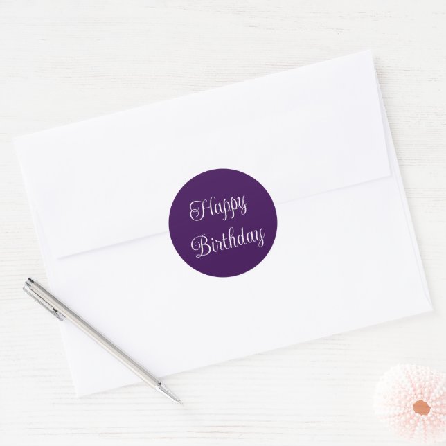 Sticker Rond Joyeux Anniversaire noir violet et blanc élégant S (Enveloppe)
