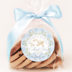 Sticker Rond Joyeux Anniversaire Oie Gingham Bleu Merci