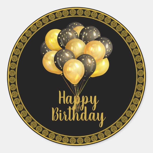Sticker Rond Joyeux anniversaire, or et noir, (Devant)