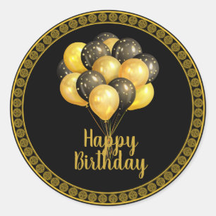 Sticker Rond Joyeux anniversaire, or et noir,