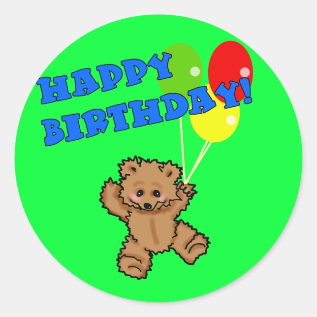 Sticker Rond Joyeux Anniversaire ours en peluche avec ballons (Devant)