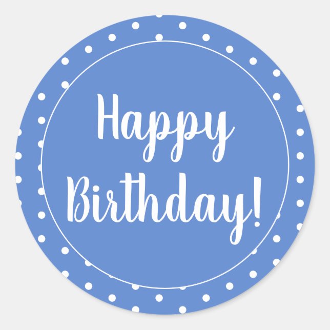Sticker Rond Joyeux Anniversaire Pastel Bleu Blanc Polka Point (Devant)