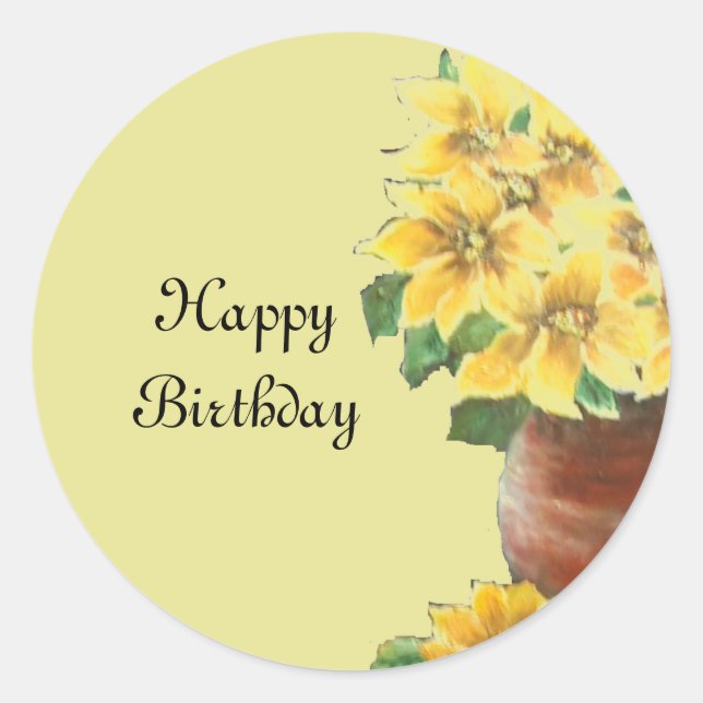 Sticker Rond Joyeux anniversaire Peinture fleurs jaunes dans po (Devant)
