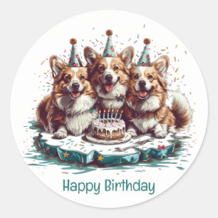 Sticker Rond Joyeux Anniversaire Pembroke Welsh Corgi Chiens