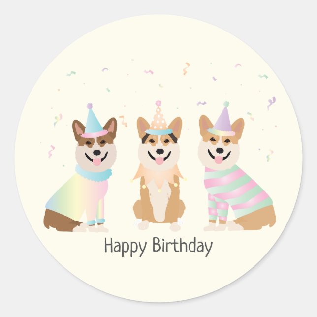 Sticker Rond Joyeux Anniversaire Pembroke Welsh Corgi Chiens (Devant)
