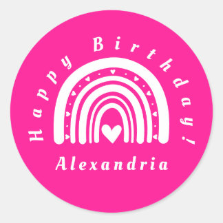 Sticker Rond Joyeux Anniversaire Personnalisé Hot Pink Rainbow