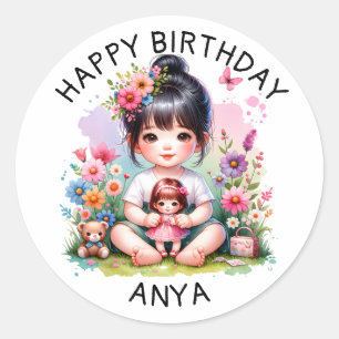 Sticker Rond Joyeux anniversaire personnalisé   Jolie fille asi
