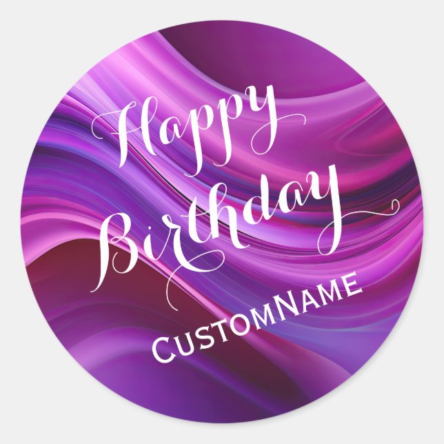 Sticker Rond Joyeux Anniversaire Personnalisé Nom Purple (Devant)