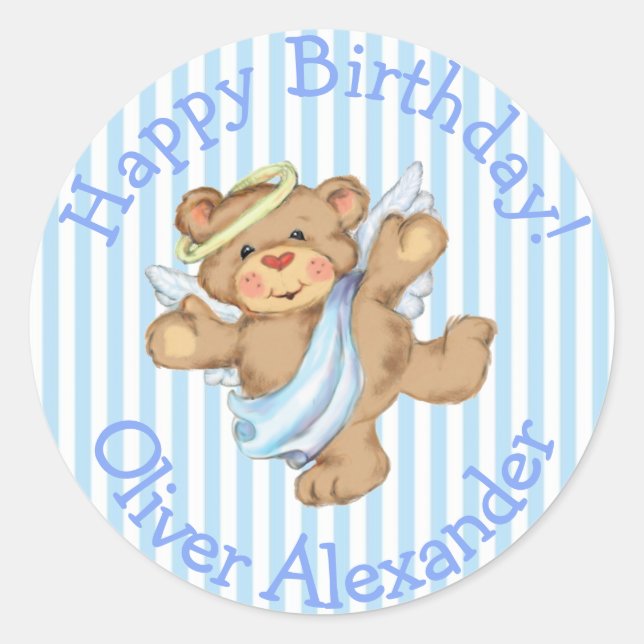 Sticker Rond Joyeux Anniversaire Personnalisé Teddy Bear Angel (Devant)
