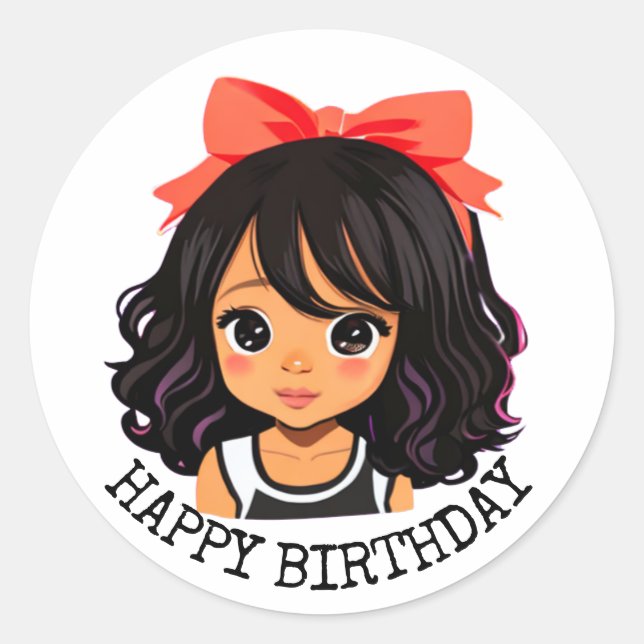 Sticker Rond Joyeux anniversaire | Petite fille caricaturale (Devant)