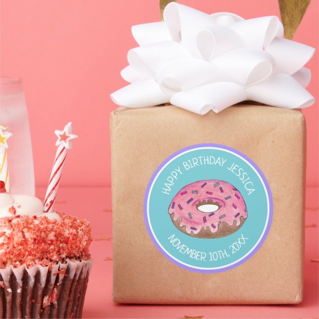 Sticker Rond Joyeux anniversaire Pink Donut Doughnut Anniversai (Fête)