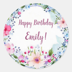Sticker Rond Joyeux anniversaire Pretty PInk, violet et bleu fl
