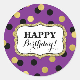 Sticker Rond Joyeux Anniversaire Purple Black Gold Confetti