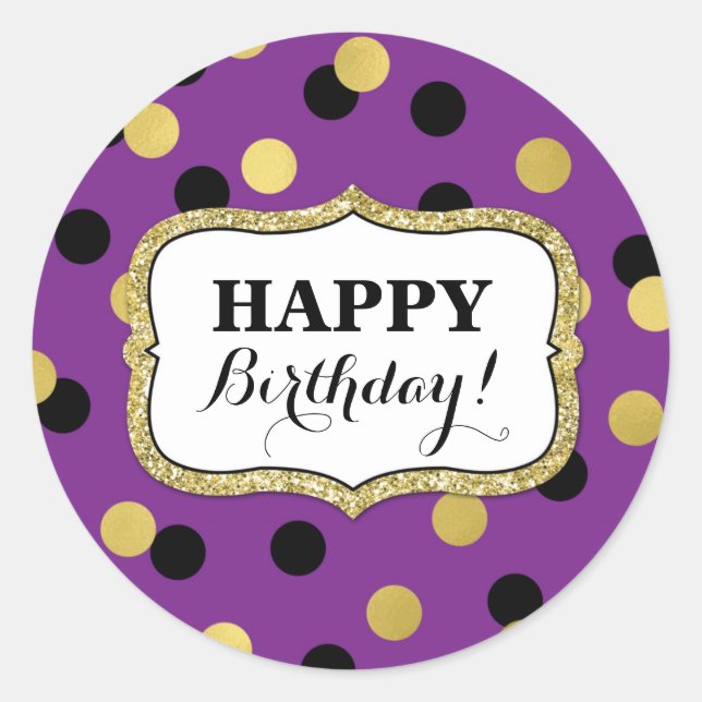 Sticker Rond Joyeux Anniversaire Purple Black Gold Confetti (Devant)