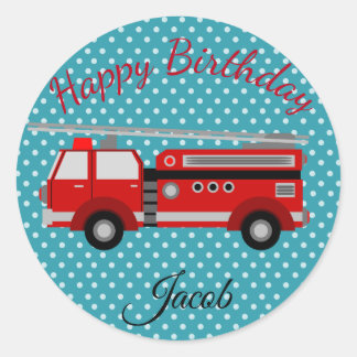 Sticker Rond Joyeux Anniversaire Red Fire Engine