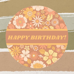 Sticker Rond Joyeux Anniversaire Retro Vintage modèle floral